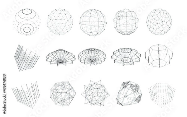 Fototapeta Set of wireframe geometric shapes with connected lines and dots. Collection of 3d objects isolated on white background. Network connection structure. Vector illustration.