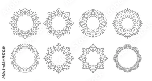 Fototapeta Set of decorative frames Elegant vector element for design in Eastern style, place for text. Floral gray and white borders. Lace illustration for invitations and greeting cards