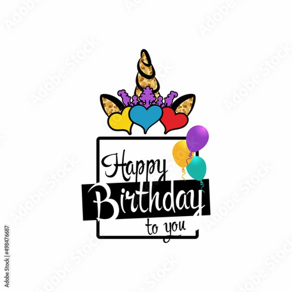 Fototapeta Vector sticker with unicorn. Happy birthday frame. Sublimation template. 
