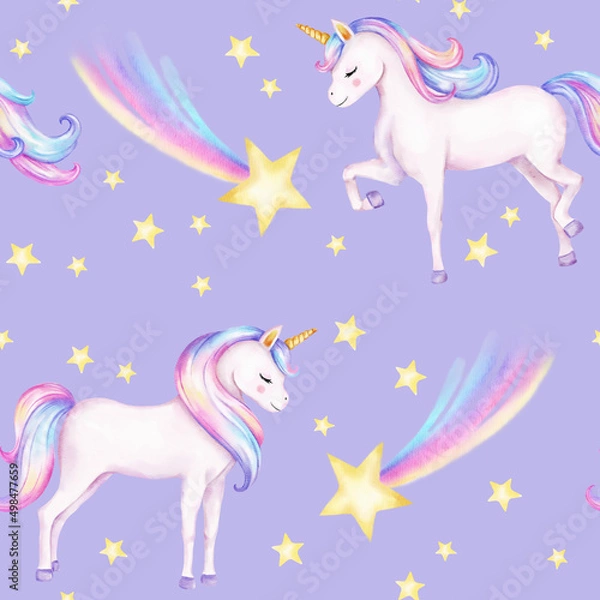 Obraz Seamless pattern. Watercolor unicorns pattern with rainbows and clouds. Cute watercolor texture