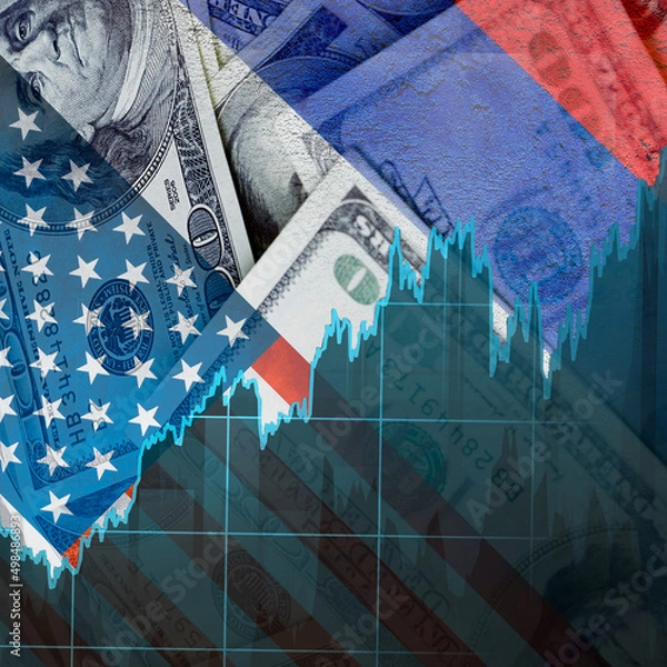 Fototapeta Flag of the USA and Russia on the background of the dollar with a graph. The concept of political and economic interaction