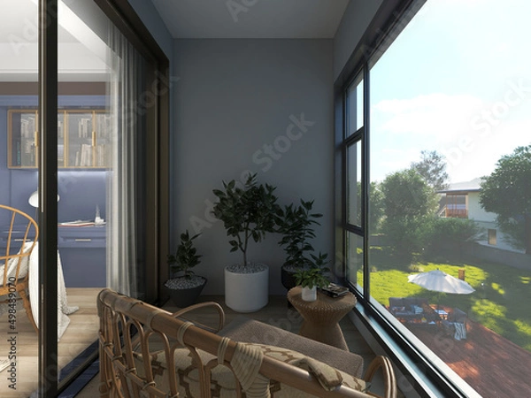 Fototapeta 3D rendering, spacious and bright urban residential closed balcony design, green plants with wooden tables and chairs are leisure and comfortable.