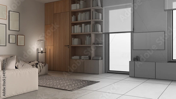 Fototapeta Architect interior designer concept: hand-drawn draft unfinished project that becomes real, living room , sofa, carpet, glass lamp, frame mockup, wooden bookshelf and cabinet, windows