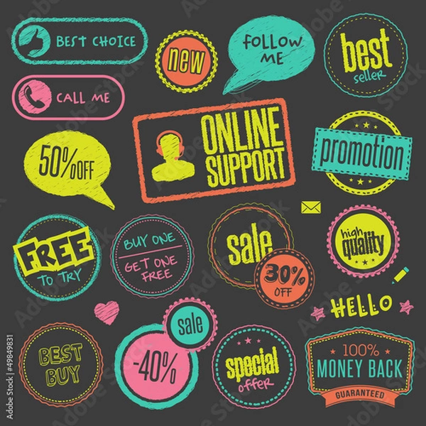 Fototapeta Set of hand drawn style badges and elements on blackboard