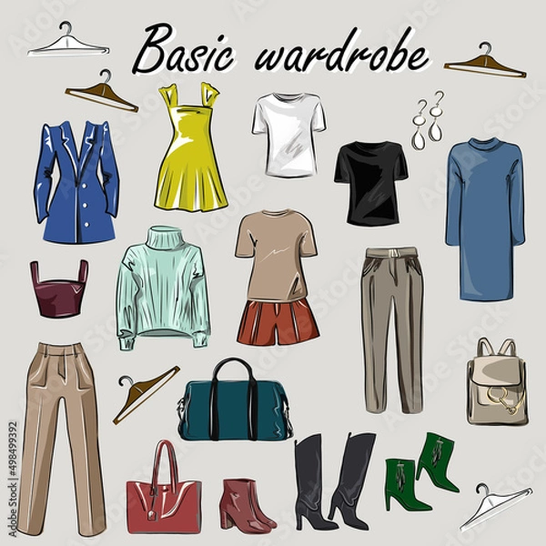 Fototapeta Capsule basic wardrobe for a woman. Minimalism. Fashion. Big cupboard. Wardrobe with a set of clothes on hangers and bags. Isolated vector objects.