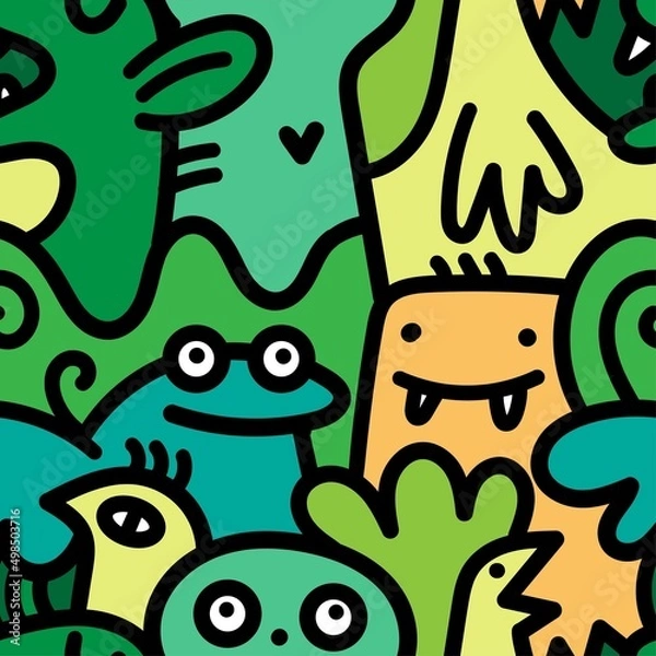Fototapeta Seamless pattern with cute cartoon creatures on green background. Funny cartoon animals print. Doodle monster poster.