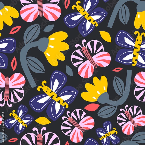 Fototapeta Modern background with flowers and butterflies in modern floral style. Vector design for paper, cover, fabric, indoor decor and more. Hand drawn illustration
