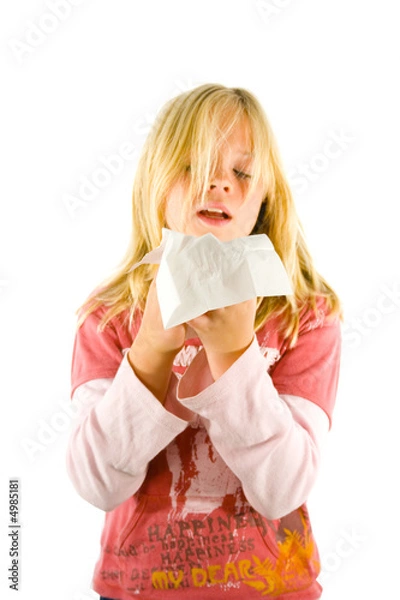 Obraz Young blond girl sneezing in the handkerchief