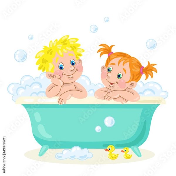 Fototapeta Funny little children are sitting in a bubble bath. In cartoon style. Isolated on white background. Vector illustration