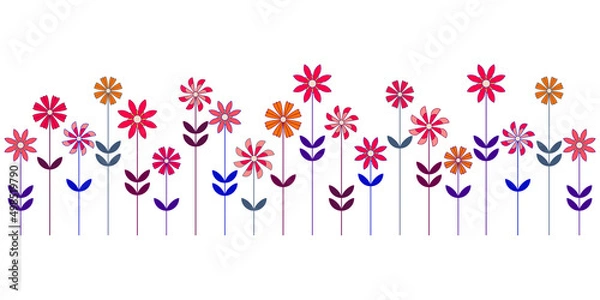 Fototapeta Flat style flower border simple vector illustration.Floral pattern isolated on white for print, background, banner or card. Bright color botany backdrop.