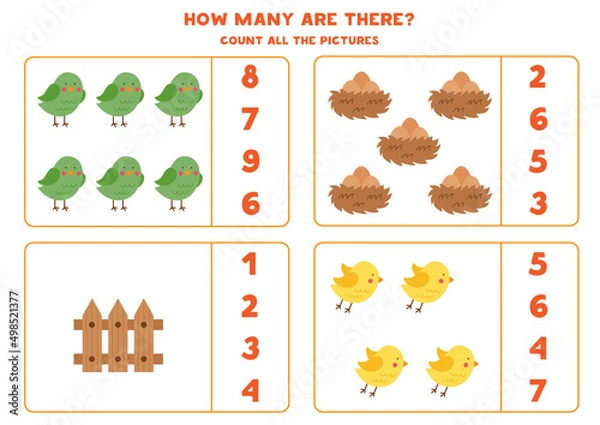Fototapeta Counting game for kids. Count all birds and match with numbers. Worksheet for children.