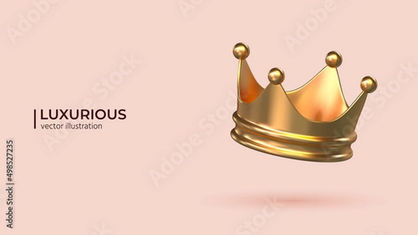 Fototapeta 3D Vector Gold royal king crown. Realistic creative conceptual symbol of imperial power. Luxury, wealth and power. Mobile Template Social network. Vector illustration