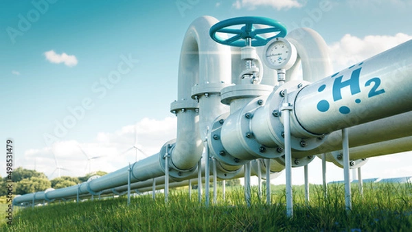 Fototapeta A hydrogen pipeline illustrating the transformation of the energy sector towards to ecology, carbon neutral, secure and independent energy sources to replace natural gas. 3d rendering