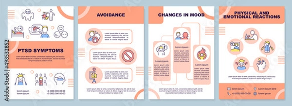 Fototapeta Symptoms of PTSD word concepts orange banner. Mental trauma and distress. Infographics with icons on color background. Isolated typography. Vector illustration with text. Arial-Black font used