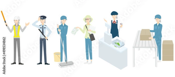 Fototapeta 現場作業系の様々な職種のアルバイト、正社員の募集用シニア女性のセット