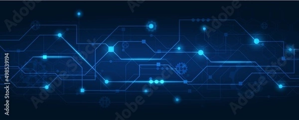 Fototapeta Technology background.Circuit board with the light dark blue.