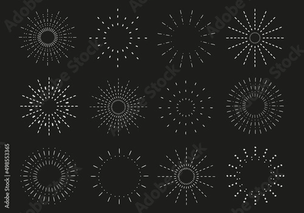 Fototapeta Sunburst set. Vintage sunrise collection.  Vector light rays elements on black background. Vector Illustration 