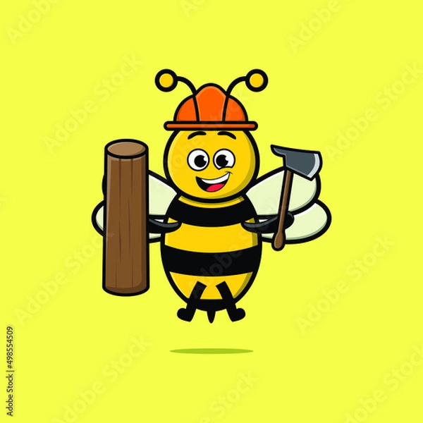 Fototapeta Cute cartoon bee as carpenter character with ax and wood in 3d modern style design