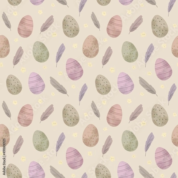 Fototapeta seamless pattern with easter eggs and feathers. hand drawn illustration. muted tones of pink, green and beige. cute pattern for printing wrapping paper, tablecloth, textile, fabric and greeting card.