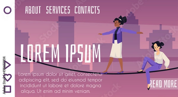 Fototapeta Two woman walking on tightrope, rope, vector flat illustrations. A person walks on a rope, maintaining balance.