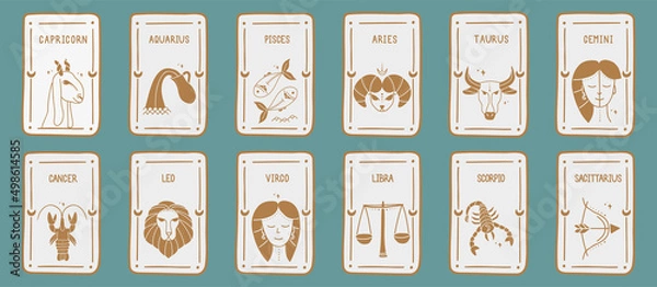 Fototapeta A set of vector illustrations of linear design of astrology zodiac horoscope cards. Elegant symbols and icons of esoteric horoscope templates.