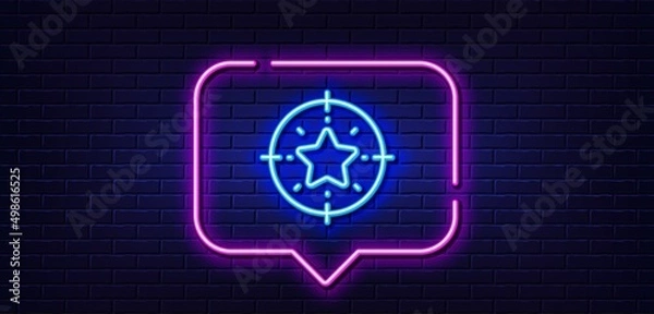 Fototapeta Neon light speech bubble. Star target line icon. Star rating sign. Best rank symbol. Neon light background. Star target glow line. Brick wall banner. Vector