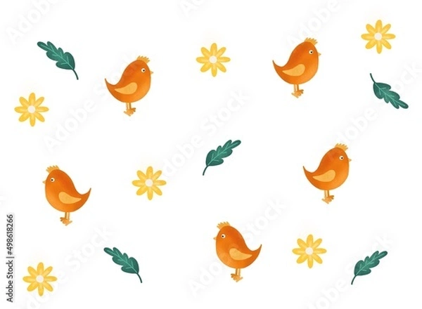 Fototapeta Set of colorful birds and flowers isolated on white background