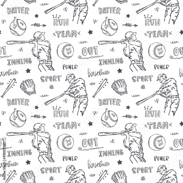 Obraz Baseball pattern for textile design. Vector background with lettering and baseball players. Sketch, hand-written text.