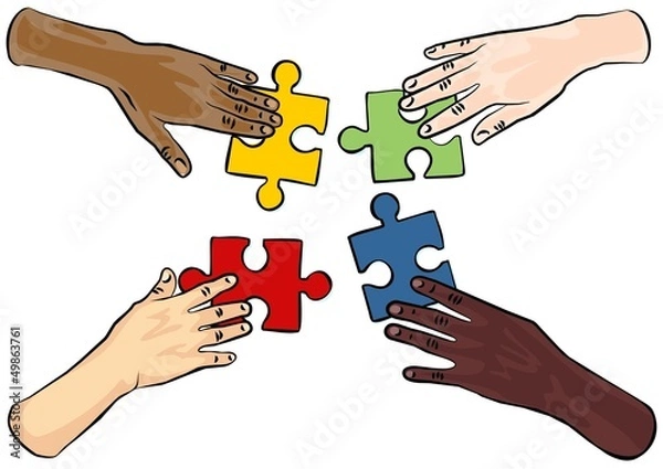 Obraz cztery ręce puzzle białe tło ilustracja kolor