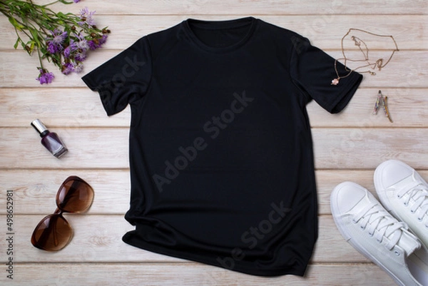 Fototapeta Womens black T-shirt mockup with burdock flowers