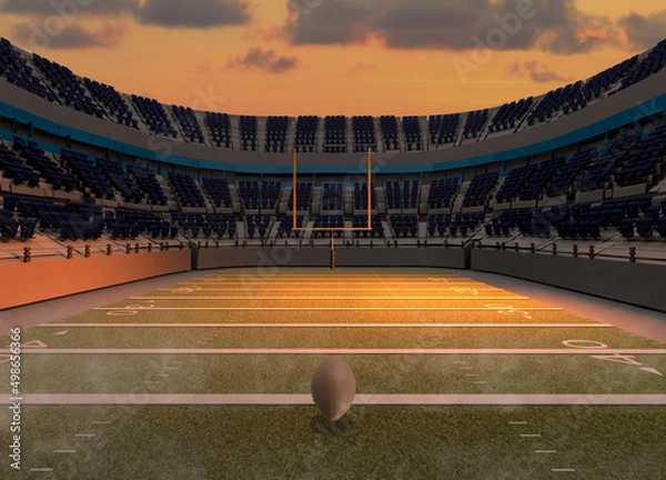Fototapeta 3d illustration, football ball, grass, stadium and sky with CLOUDS