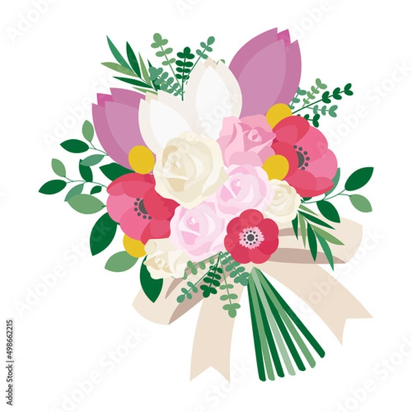 Fototapeta バラやアネモネを使ったクラッチブーケのイラスト