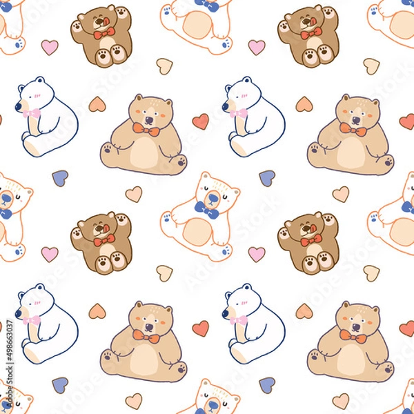Fototapeta Seamless Pattern with Cute Cartoon Bear and Heart Design on White Background