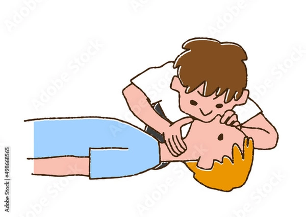 Fototapeta 倒れいている患者に人工呼吸を施す男性　コミカルな手書きの人物　ベクター、線画にカラー