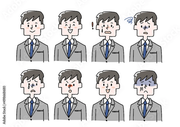Fototapeta いろんな表情のサラリーマンのセット　コミカルな手書きの人物　ベクター、線画にカラー