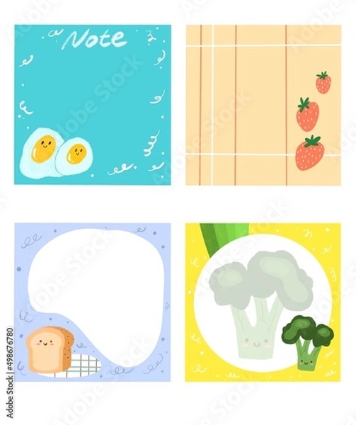 Fototapeta four mouth-watering food stickers for notes. You can use it at school, at university and at work.