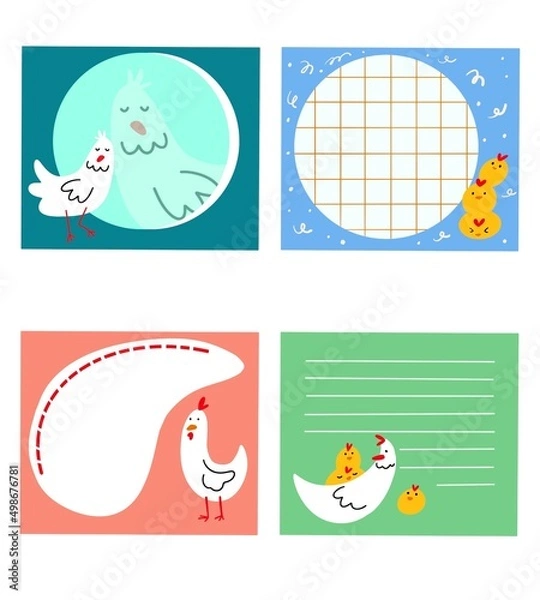 Fototapeta four Easter stickers with a picture of a chicken and a rooster for notes. You can use it at school, at university and at work.