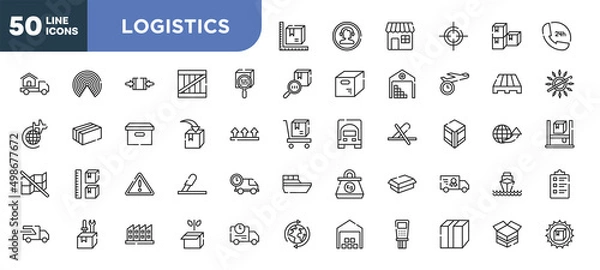 Fototapeta set of 50 outline logistics icons. editable thin line icons such as parcel size, scan package, put in box, danger, construction and tools, manufacturing plant, closed cardboard box with packing tape