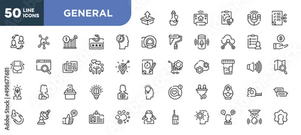 Obraz set of 50 outline general icons. editable thin line icons such as product release, patience, job interview, referendum, satellite antenna, social campaign, social media specialist stock vector.