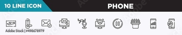 Obraz set of 10 outline phone icons. editable thin line icons such as air service, door lock, message received, electronic mail, street map, teleconference, pause button vector illustration.