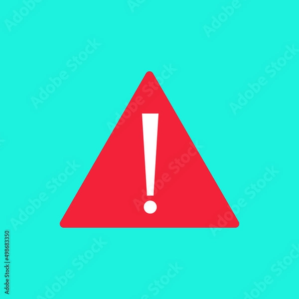 Fototapeta Icon of warning and risk. Attention danger, beware. Alert sign. Red triangle and exclamation mark. Flat vector icon isolated on blue background