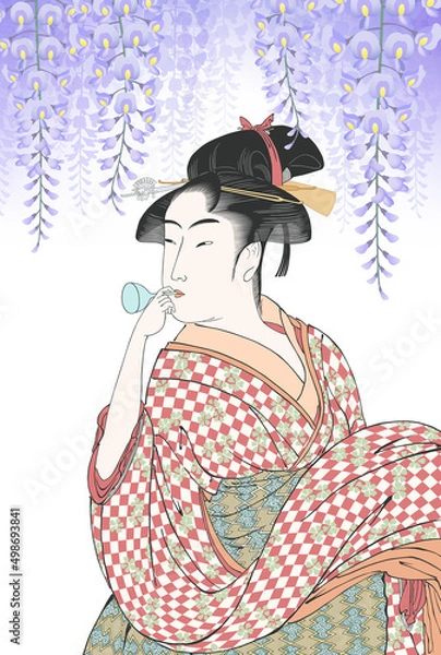 Fototapeta ポッピンを吹く女　ビードロを吹く娘　藤　花