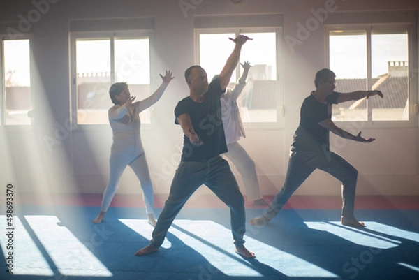 Fototapeta Coach showing Tai Chi exercise to students. Male trainer standing in front of senior people and moving arms at grou class. Martial art concept