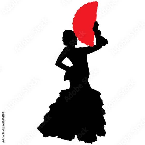 Obraz Black silhouette of flamenco dancer in beautiful dress with fan in her hand
