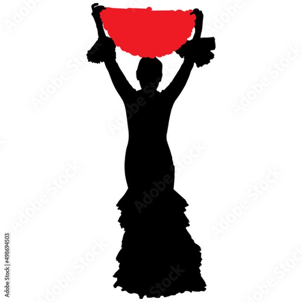 Fototapeta Black silhouette of flamenco dancer in beautiful dress with fan in her hand