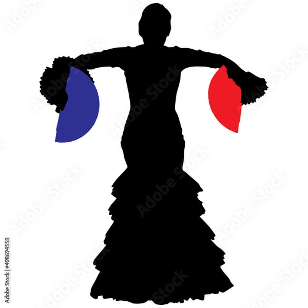Fototapeta Black silhouette of flamenco dancer in beautiful dress with two fans in her hands