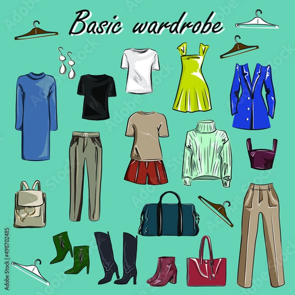 Fototapeta Minimalism. Fashion. Capsule basic wardrobe for a woman.  Big cupboard. Wardrobe with a set of clothes on hangers and bags. Isolated vector objects.