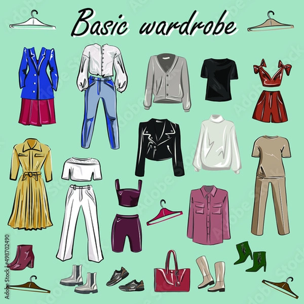 Fototapeta Minimalism. Fashion. Capsule basic wardrobe for a woman.  Big cupboard. Wardrobe with a set of clothes on hangers and bags. Isolated vector objects.