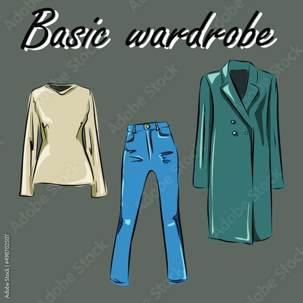 Fototapeta Minimalism. Fashion. Capsule basic wardrobe for a woman.  Big cupboard. Wardrobe with a set of clothes on hangers and bags. Isolated vector objects.