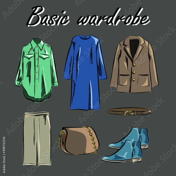 Fototapeta Minimalism. Fashion. Capsule basic wardrobe for a woman.  Big cupboard. Wardrobe with a set of clothes on hangers and bags. Isolated vector objects.